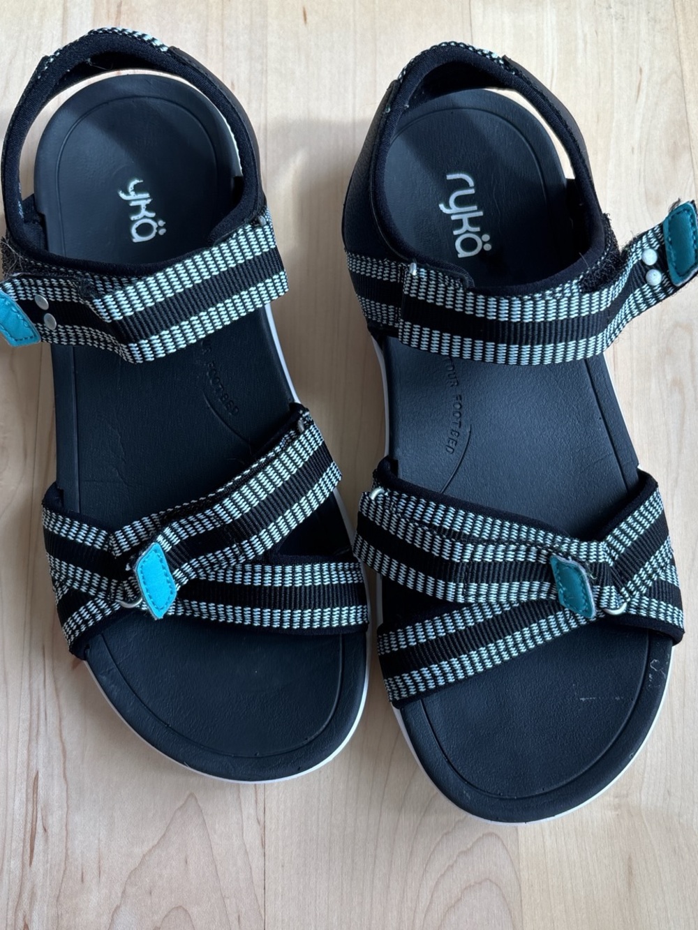 Ryka womens Black and Teal Striped Athletic Sandals